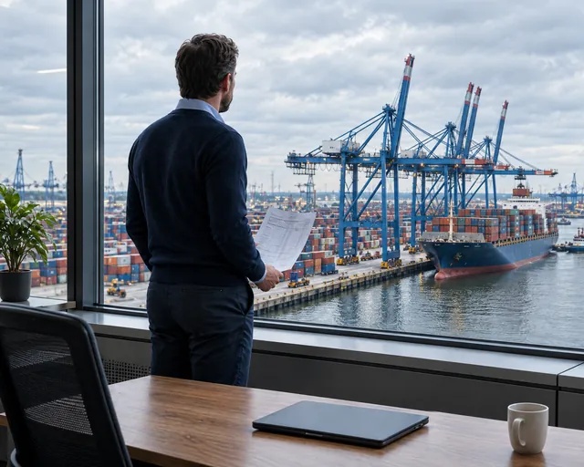 Een logistiek verantwoordelijke met een vrachtbrief in de hand, bij het raam met uitzicht op de haven