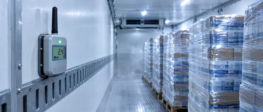 Een temperatuurlogger in een koelwagen meldt 2,4 °C; elke meting gaat rechtstreeks naar Vidimus